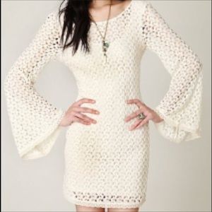 Free People Cream Bell Sleeve Crotchet Dress, xs.